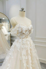 Long Sleeve Dress, Champagne Tulle Lace Long Prom Dress, A-Line Evening Gown