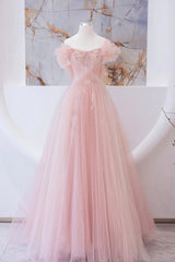 Homecoming Dresses Modest, Pink Tulle Beaded Long Prom Dress, A-Line Evening Party Dress