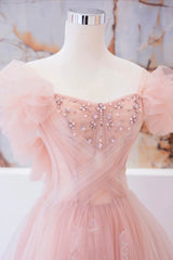 Homecoming Dress Black Girl, Pink Tulle Beaded Long Prom Dress, A-Line Evening Party Dress