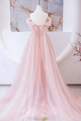 Homecoming Dresses Baby Blue, Pink Tulle Beaded Long Prom Dress, A-Line Evening Party Dress