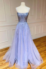Formal Dress For Teens, Stylish Tulle Pearl Long Prom Dresses,  A-Line Backless Evening Party Dresses