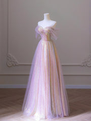Dance Dress, Shiny Tulle Sequins Long Prom Dress, A-Line Off the Shoulder Evening Dress
