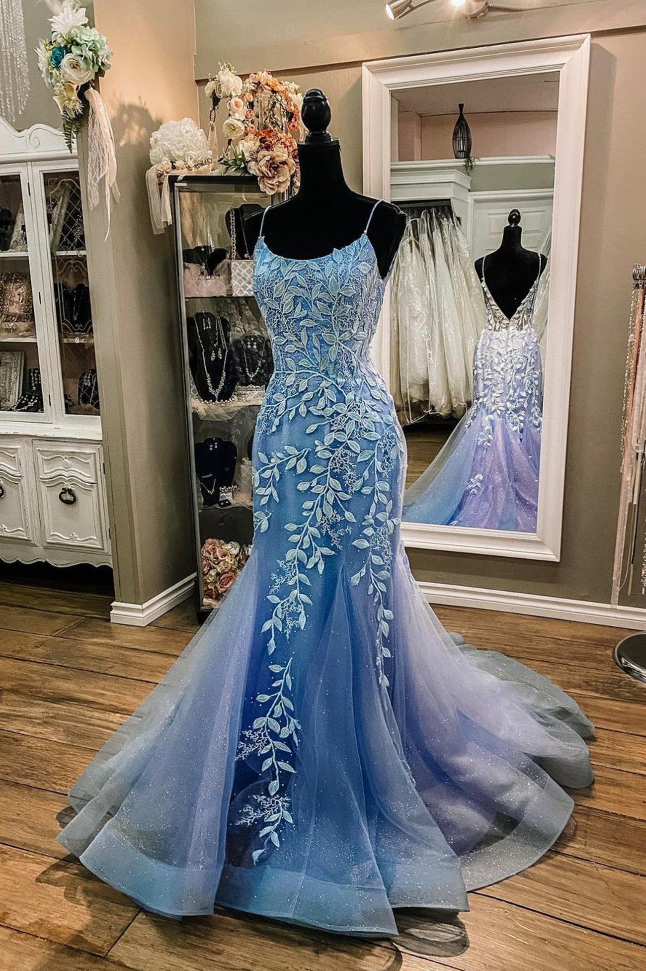 Formal Dress For Girls, Blue Tulle Lace Long Mermaid Formal Dresses, Blue Evening Dresses