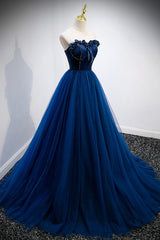 Prom Dress Ideas, Blue Velvet Tulle Long Prom Dresses, A-Line Strapless Evening Dresses