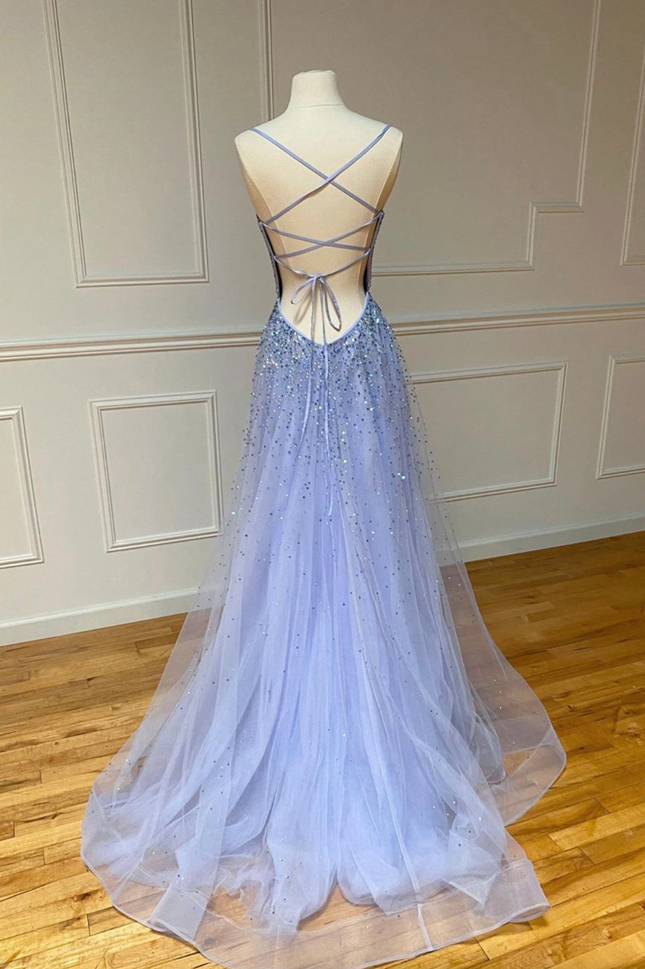 Formal Dress For Graduation, Stylish Tulle Pearl Long Prom Dresses,  A-Line Backless Evening Party Dresses