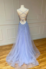 Formal Dress For Graduation, Stylish Tulle Pearl Long Prom Dresses,  A-Line Backless Evening Party Dresses