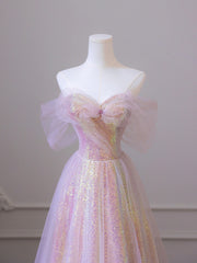 Burgundy Prom Dress, Shiny Tulle Sequins Long Prom Dress, A-Line Off the Shoulder Evening Dress