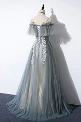 Bridesmaid Dress Mdae To Order, Gray Tulle Lace Long Prom Dress, A-Line Evening Dress
