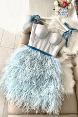 Homecome Dresses Short Prom, Blue A-Line Knee Length Prom Dress, Spaghetti Strap Party Dress with Feathers