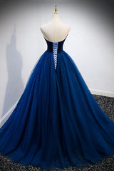 Prom Dress Blue, Blue Velvet Tulle Long Prom Dresses, A-Line Strapless Evening Dresses