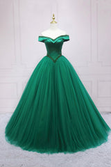 Bridesmaid Dress, Green Tulle Long A-Line Ball Gown, Off the Shoulder Evening Dress