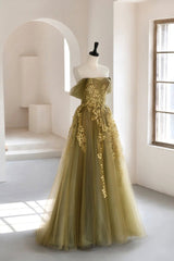 Prom Dresses Long With Sleeves, Green Tulle Long Prom Dresses, A-Line Off the Shoulder Evening Dresses
