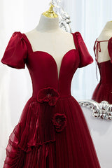 Prom Dress 15, A-Line Satin Tulle Long Prom Dresses, Burgundy Evening Dresses