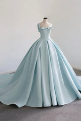 Evening Dress With Sleeve, Blue Satin Long A-Line Ball Gown, Blue Evening Gown with Train
