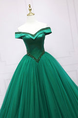 Prom Dresses Long Navy, Green Tulle Long A-Line Ball Gown, Off the Shoulder Evening Dress