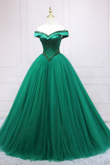 Prom Dresses Light Blue Long, Green Tulle Long A-Line Ball Gown, Off the Shoulder Evening Dress