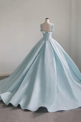 Evening Dress With Sleeves, Blue Satin Long A-Line Ball Gown, Blue Evening Gown with Train