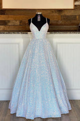 Prom Dress Sleeve, A-Line Sequins Long Prom Dresses, White Formal Evening Dresses