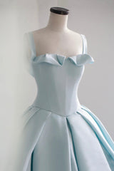 Evenning Dress For Wedding Guest, Blue Satin Long A-Line Ball Gown, Blue Evening Gown with Train