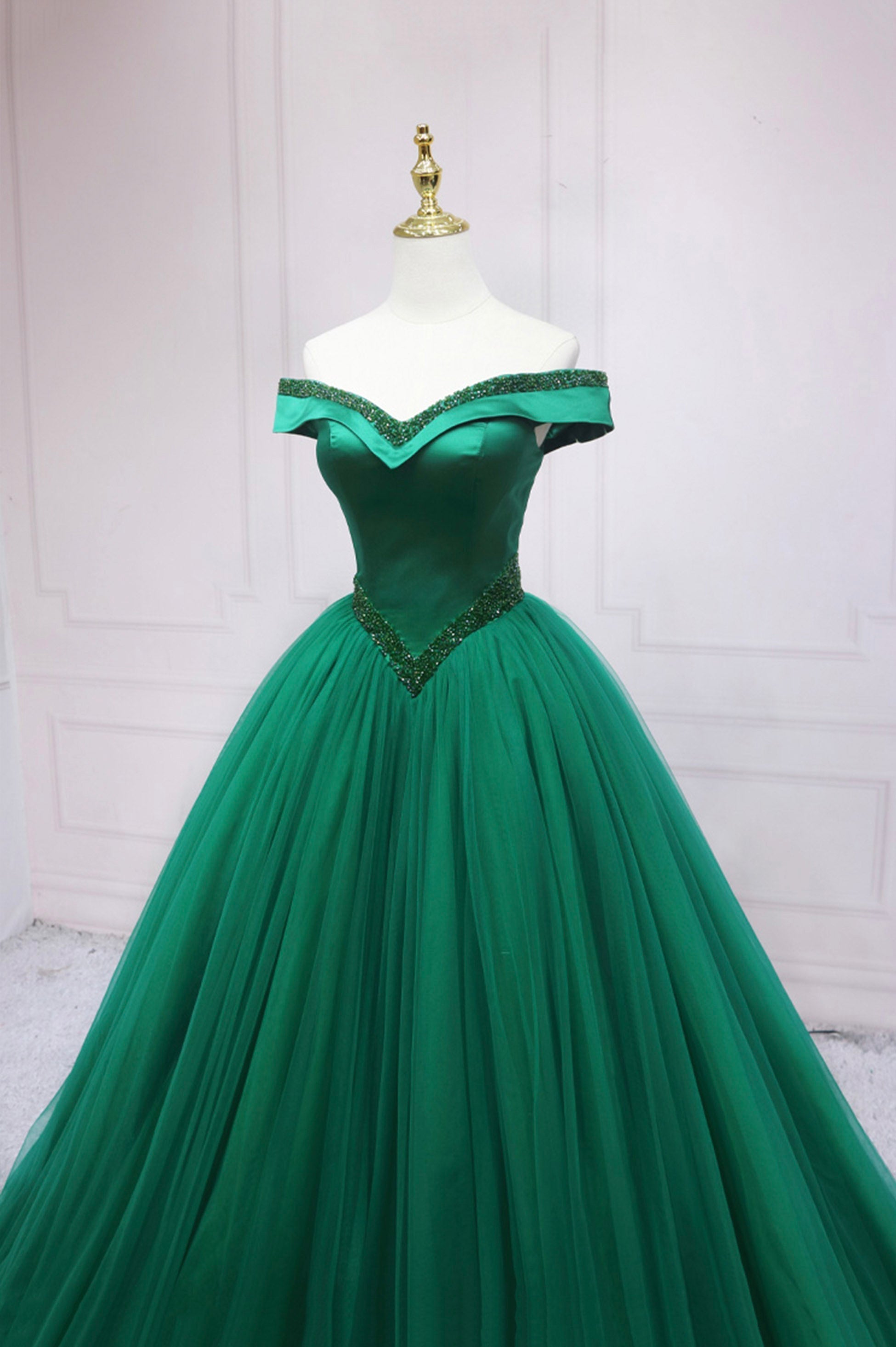 Prom Dresses Long Light Blue, Green Tulle Long A-Line Ball Gown, Off the Shoulder Evening Dress