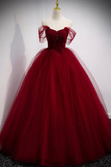 Party Dress For Cocktail, Burgundy Tulle Long A-Line Prom Dress, Burgundy Evening Party Dress