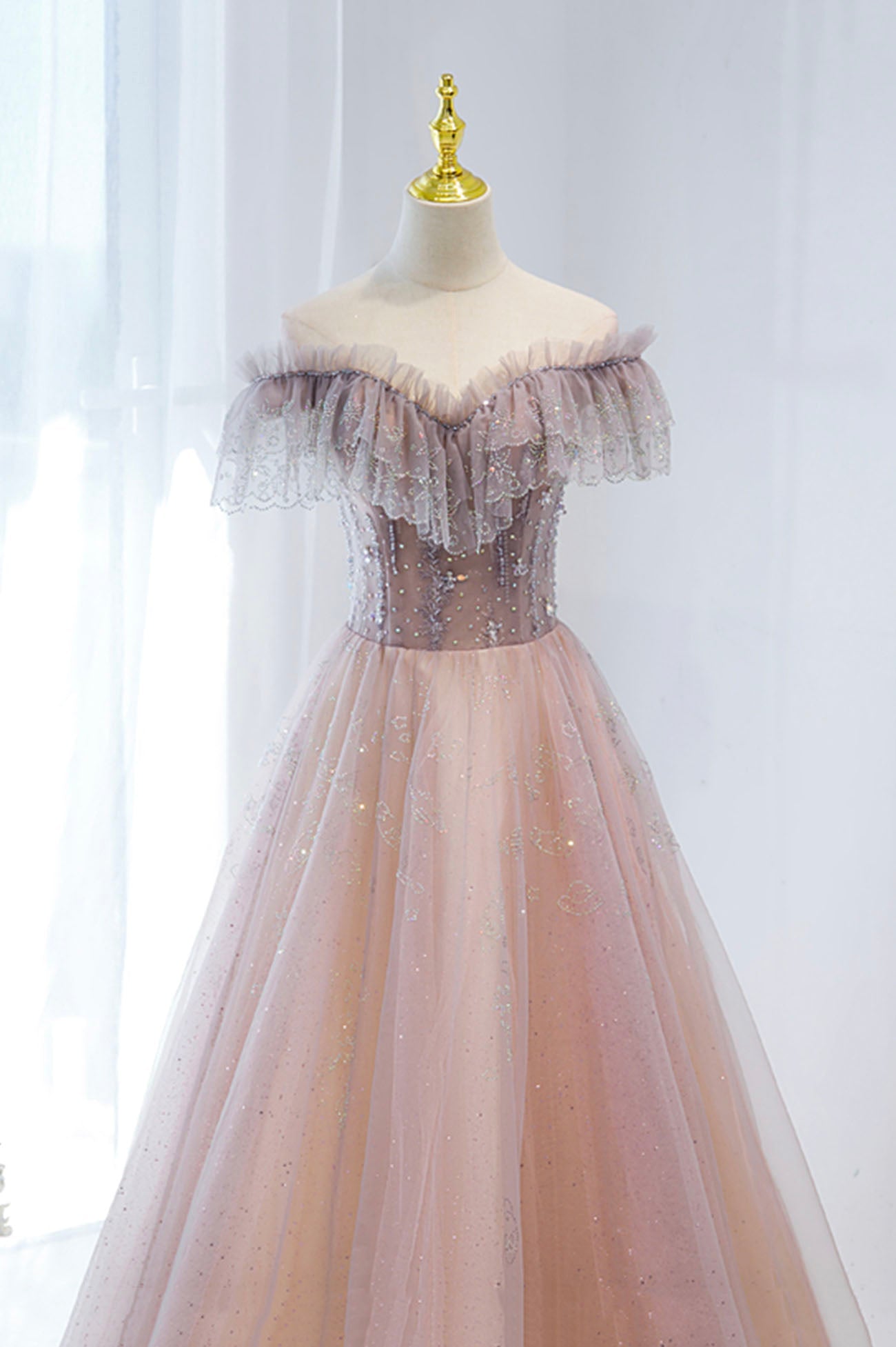Homecoming Dresses, Pink Tulle Beaded Long Formal Dress, Pink V-Neck Prom Dress
