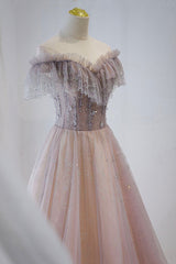Homecoming Dresses Business Casual Outfits, Pink Tulle Beaded Long Formal Dress, Pink V-Neck Prom Dress