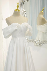 Formal Dress Website, White Satin Long Prom Dress, Off the Shoulder Evening Dress
