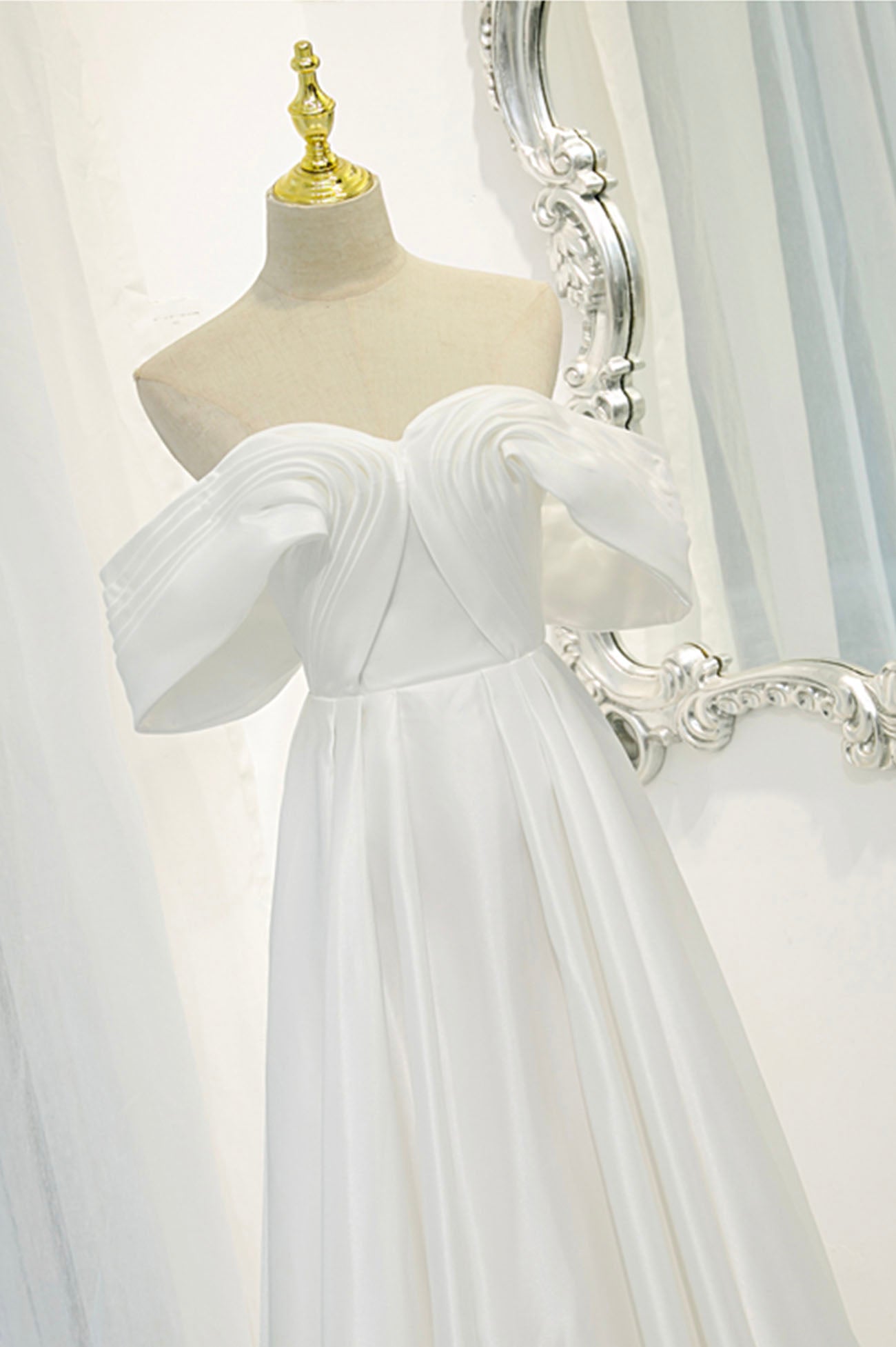 Formal Dresses Website, White Satin Long Prom Dress, Off the Shoulder Evening Dress