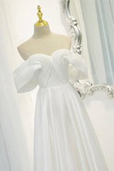 Formal Dresses Website, White Satin Long Prom Dress, Off the Shoulder Evening Dress