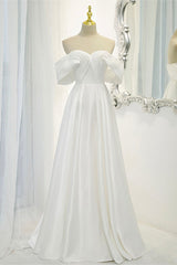 Formal Dress Websites, White Satin Long Prom Dress, Off the Shoulder Evening Dress