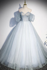 Formal Dresses With Tulle, Blue Tulle Long A-Line Prom Dress, Blue Off the Shoulder Evening Dress