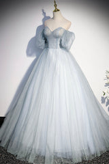 Formal Dress Homecoming, Blue Tulle Long A-Line Prom Dress, Blue Off the Shoulder Evening Dress