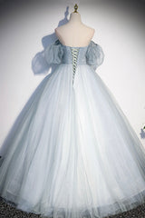 Formal Dress With Sleeve, Blue Tulle Long A-Line Prom Dress, Blue Off the Shoulder Evening Dress