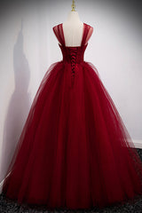 Party Dresses Sleeves, Burgundy Tulle Long A-Line Prom Dress, Burgundy Evening Party Dress