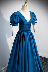 Formal Dress Simple, Blue V-Neck Satin Long Prom Dress, Simple A-Line Evening Dress