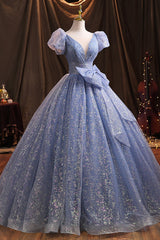 Formal Dress Shopping, Blue Tulle Sequins Long Prom Dress, A-Line Evening Gown with Bow
