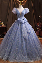 Formal Dresses Shop, Blue Tulle Sequins Long Prom Dress, A-Line Evening Gown with Bow