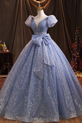 Formal Dress For Sale, Blue Tulle Sequins Long Prom Dress, A-Line Evening Gown with Bow