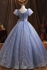 Formal Dresses For Sale, Blue Tulle Sequins Long Prom Dress, A-Line Evening Gown with Bow
