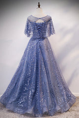 Formal Dress Ideas, Blue Tulle Sequins Long Prom Dress, A-Line Blue Evening Dress
