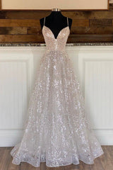 Prom Dress For Teen, A-Line Tulle Sequins Long Prom Dresses, Spaghetti Straps V-Neck Evening Dresses
