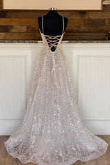 Prom Dresses Nearby, A-Line Tulle Sequins Long Prom Dresses, Spaghetti Straps V-Neck Evening Dresses