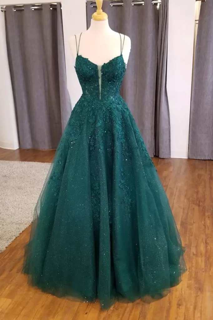 Party Dresses Indian, Hunter Green Floral Appliques Straps A-Line Prom Dress