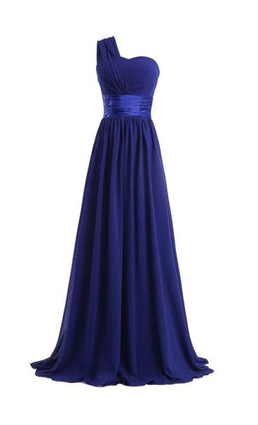 Prom Dresses With Shorts, Column One Shoulder Floor Length Chiffon Royal Blue Bridesmaid Dresses