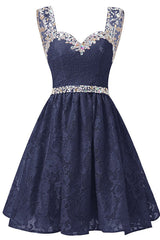 Party Dress Cheap, Gorgeous A Line Straps Knee Length Lace With Beading Homecoming Dresses