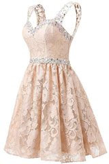 Party Dress 2031, Gorgeous A Line Straps Knee Length Lace With Beading Homecoming Dresses