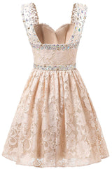 Party Dress Online, Gorgeous A Line Straps Knee Length Lace With Beading Homecoming Dresses