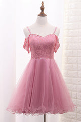 Prom Dress Gold, Chic Tulle Lace Spaghetti Strap With Beading Homecoming Dresses