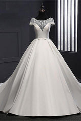 Wedding Dress Lace Simple, Chic Round Neck Lace Satin Short Sleeves Long Ball Gown Wedding Dresses